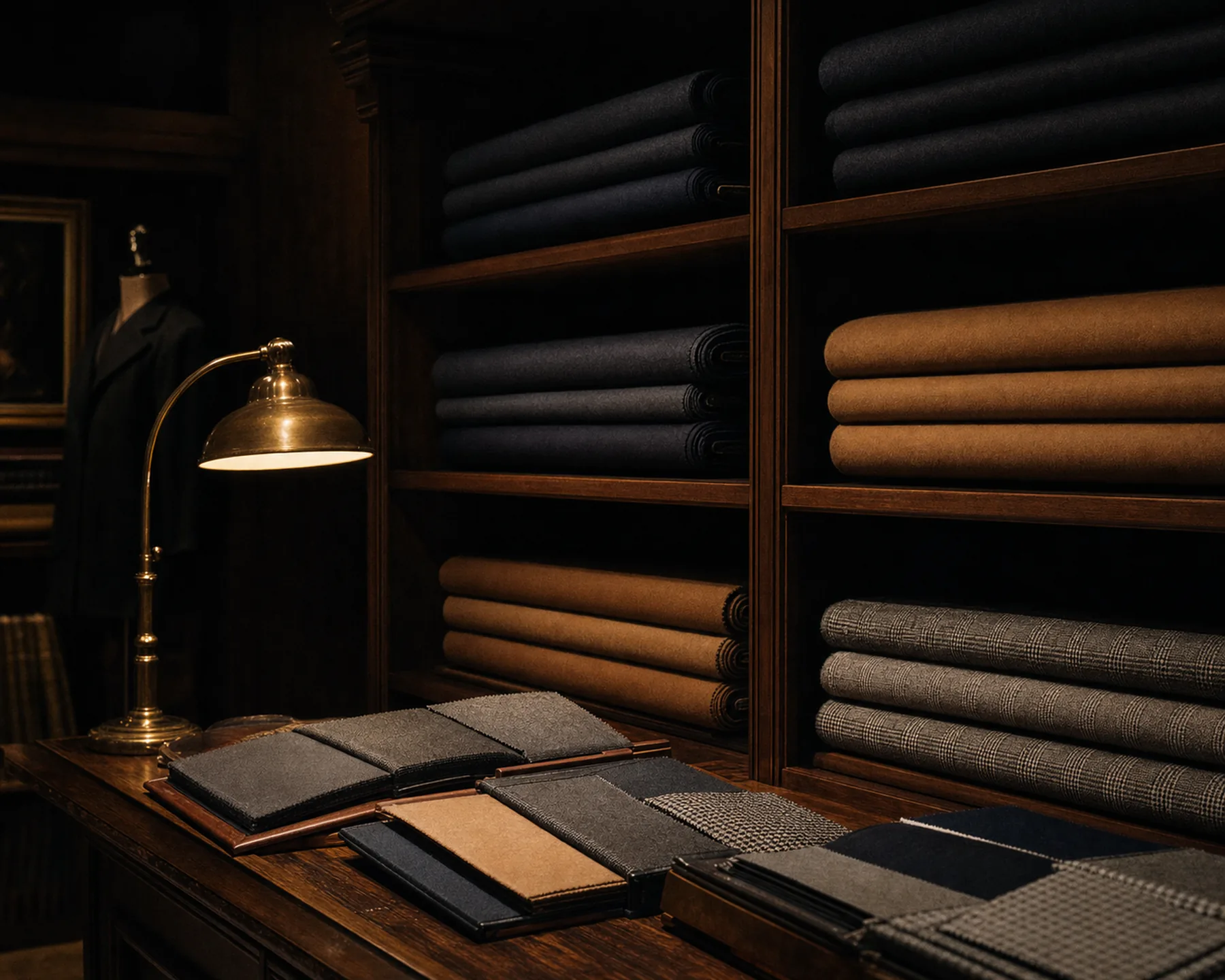Swatch books of suiting cloth on a walnut counter.