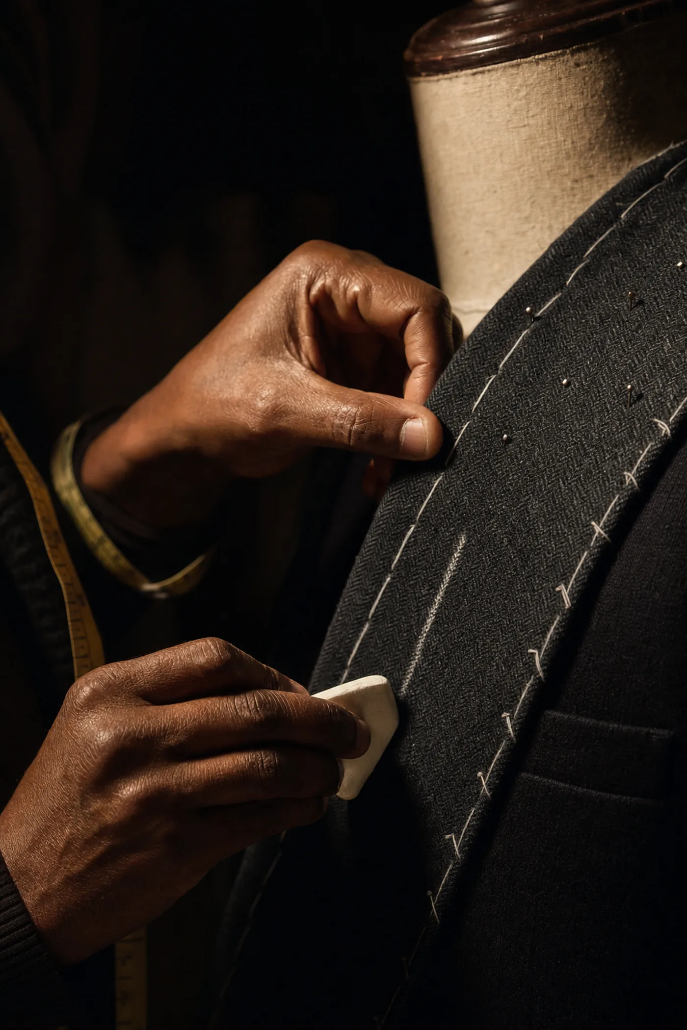 A tailor chalking a basted jacket on a dress form.