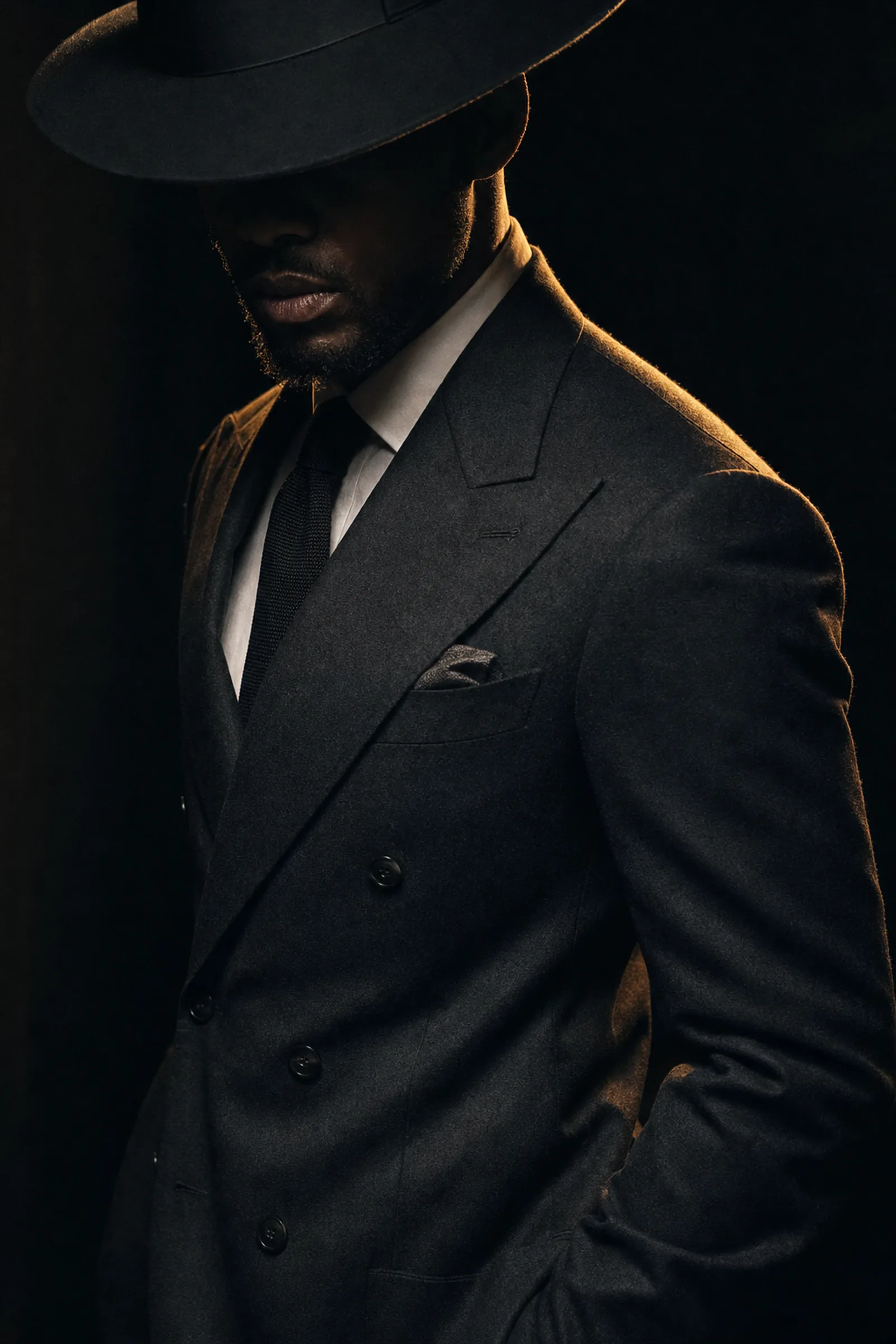 Double-breasted charcoal suit with peak lapels, photographed in low gold light.